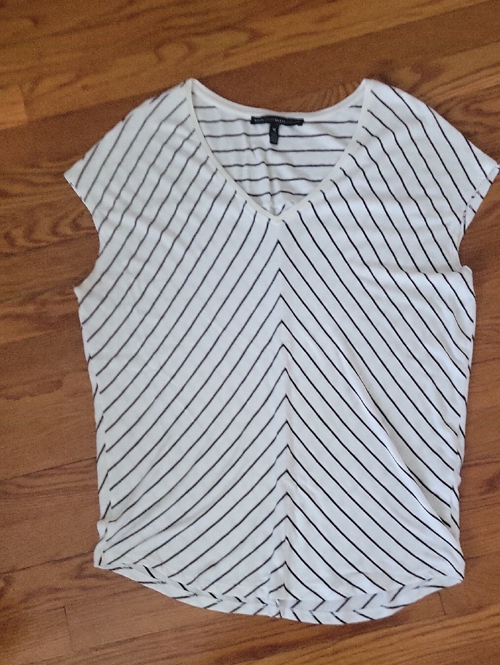 White House Black Market White V-Neck Striped Tee